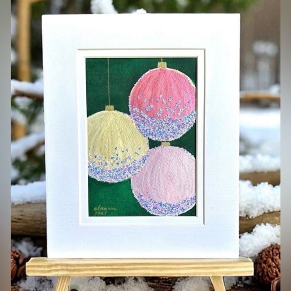 Other - 🎉SALE! Hand-Made New Watercolor Art Pink and Glitter Christmas Decorations
